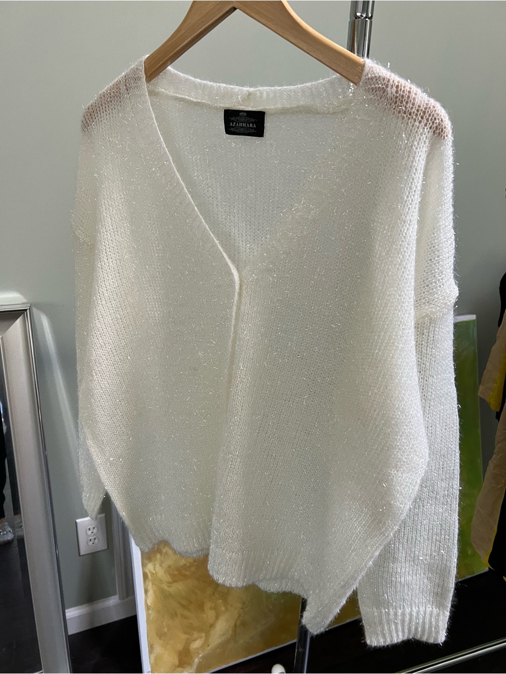 White V-Neck Sparkle Knit Sweater by